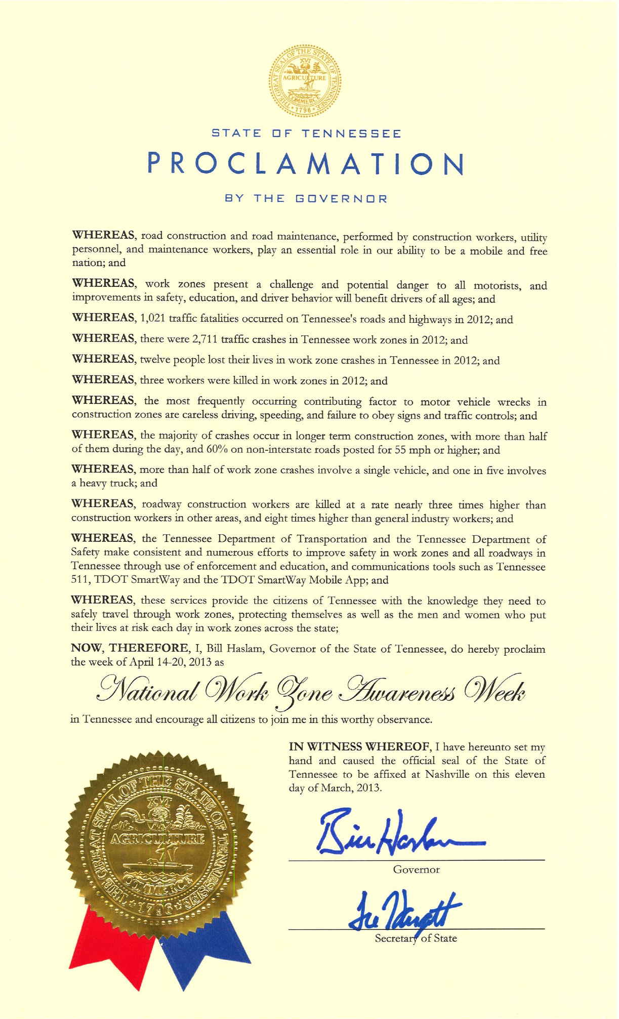Proclamation Issued Declaring Work Zone Awareness Week Williamson Source
