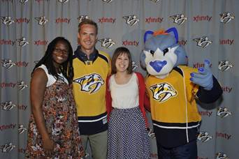  Director of Community Engagement with Big Brothers Big Sisters of Mid TN – Tiffany Patton, Predators Goalie - Pekka Rinne; Coordinator of Match Activities and Outreach with Big Brothers Big Sisters of Mid TN - Lauren Gilpin; Predators Mascot - GNASH