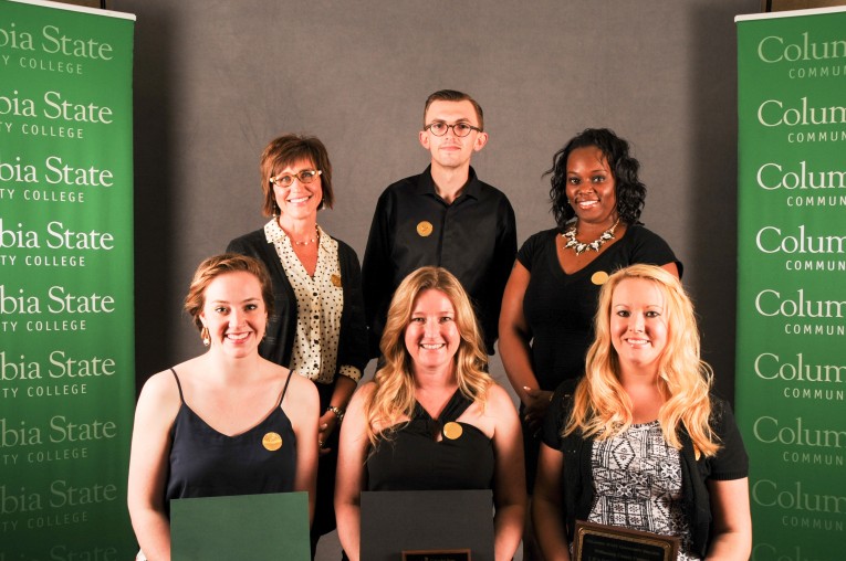 First row, left to right: Rebecca Parsons (Spring Hill) received a Student Service Award for being the president of the Beta Kappa Theta chapter of Phi Theta Kappa; Della Hopkins (Thompsons Station) received the Academic Discipline Award for Information Systems Technology: Information Systems Specialist and received an Academic Excellence Award for maintaining a 3.9-4.0 GPA; and Mindy Tatum (Fairview) received the Leadership Award for the Williamson Campus. Second row, left to right: Julie Wright (Spring Hill) received the Lambda Beta Honor Society Award for respiratory care; Cody Robb (Brentwood) received the Academic Discipline Award for Spanish; and Kathy Robinson (Franklin) received the Academic Discipline Award for Sociology/Social Work.