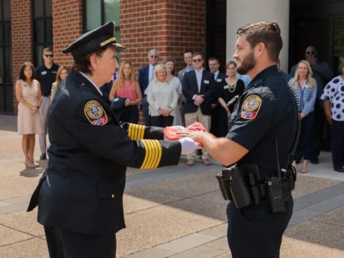 Officer Lutz receiving flag from Franklin’s Chief of Police