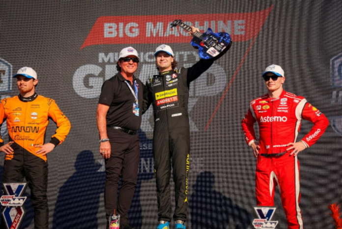 Second place finisher Pato O'Ward, Scott Borchetta with race winner and Nashville resident Colton Herta and third place finisher and Nashville native, Josef Newgarden at the Big Machine Music City Grand Prix Presented by Gainbridge® on Sunday, September 15, 2024.