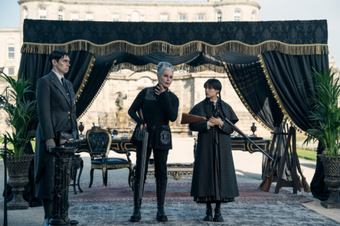 WEDNESDAY_206_Unit_02061R_CC Wednesday. (L to R) Liv Spencer as Varicose, Joanna Lumley as Grandmama, Jenna Ortega as Wednesday Addams in episode 206 of Wednesday. Cr. Bernard Walsh/Netflix © 2025